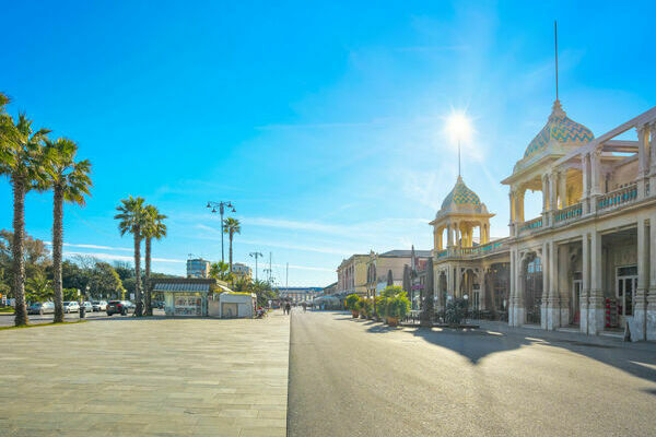 Famous Passeggiata a mare, seafront footpath promenade in Viareggio, Versilia, Lucca Tuscany, Italy Europe.